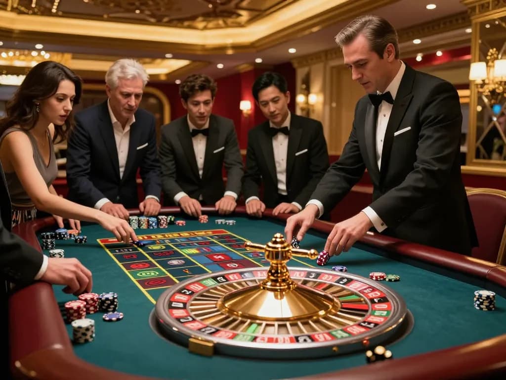 VIN88 roulette table with players betting in an upscale casino atmosphere