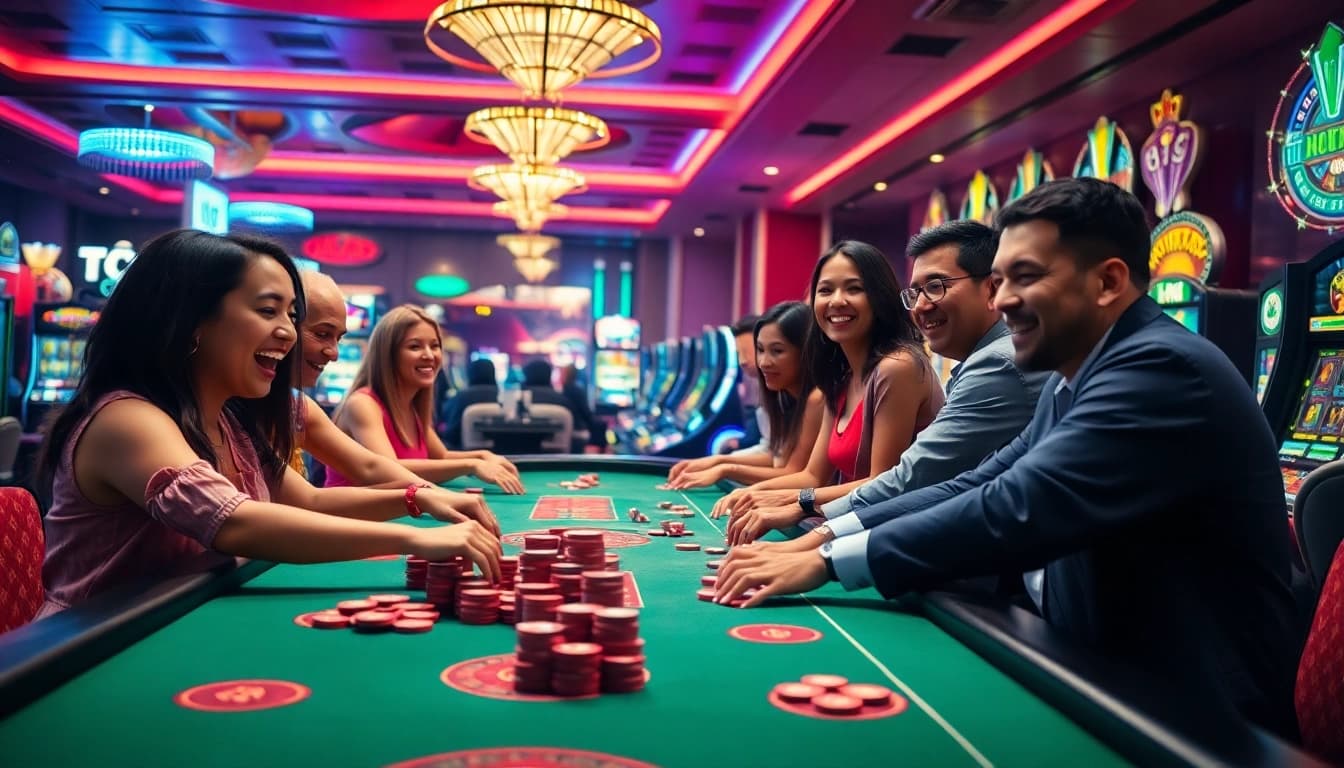Uvip casino scene featuring enthusiastic players around a high-stakes game table.