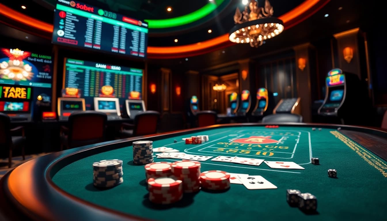Engage in online gambling using sbobet link login with stunning casino visuals featuring poker chips and cards.