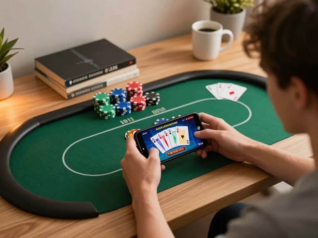 Engaging in online gaming at an australian online casino, showing poker interface and personal setup in cozy home.