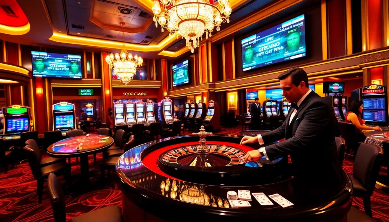SODO Casino engaging players at roulette and poker tables in a luxurious casino setting.