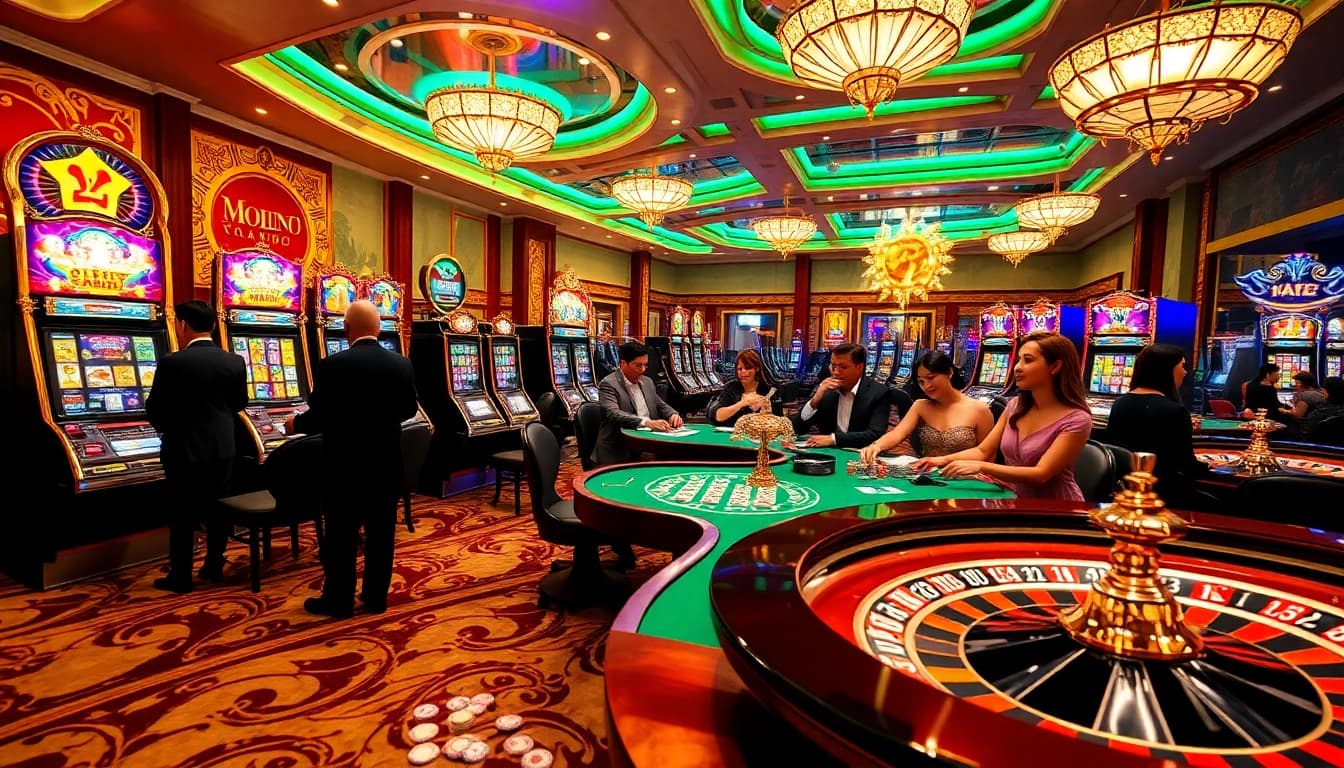 Nổ Hũ Đổi Thưởng - Exciting gaming experience at a luxurious casino with slot machines and lively players.