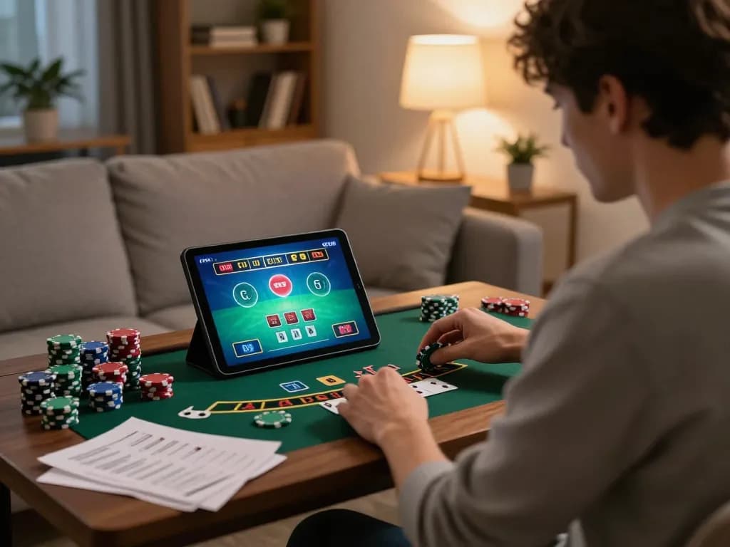 Engaged player exploring Canada online casinos on a tablet at home, focusing on live blackjack with chips and notes.