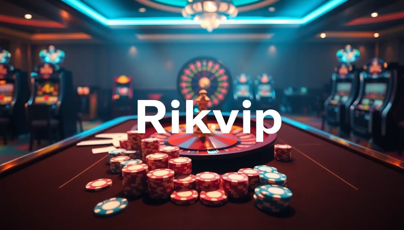 Experience thrilling games with Rikvip at this luxurious casino setup featuring poker chips and a roulette wheel.