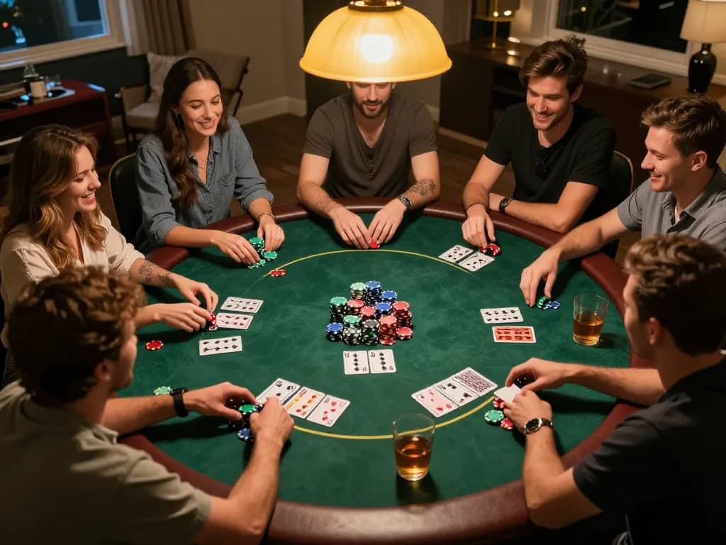 A lively poker game at home showing players strategizing and enjoying, featuring jus77 chips and cards.