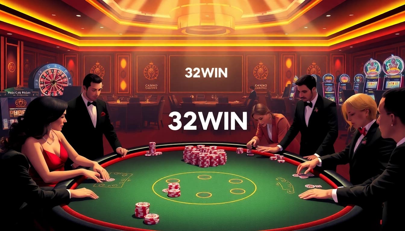Players engaging at the 32WIN high-stakes poker table with vibrant chips and luxurious ambiance.