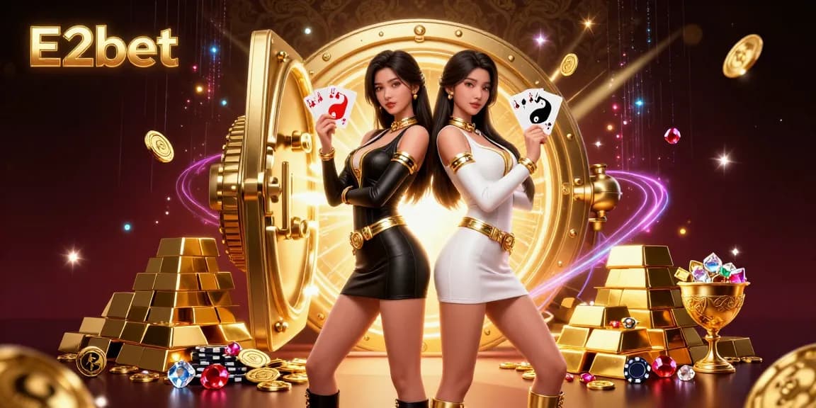 E2bet captivates with stunning visuals featuring twin Asian women holding cards amidst a dynamic casino scene.