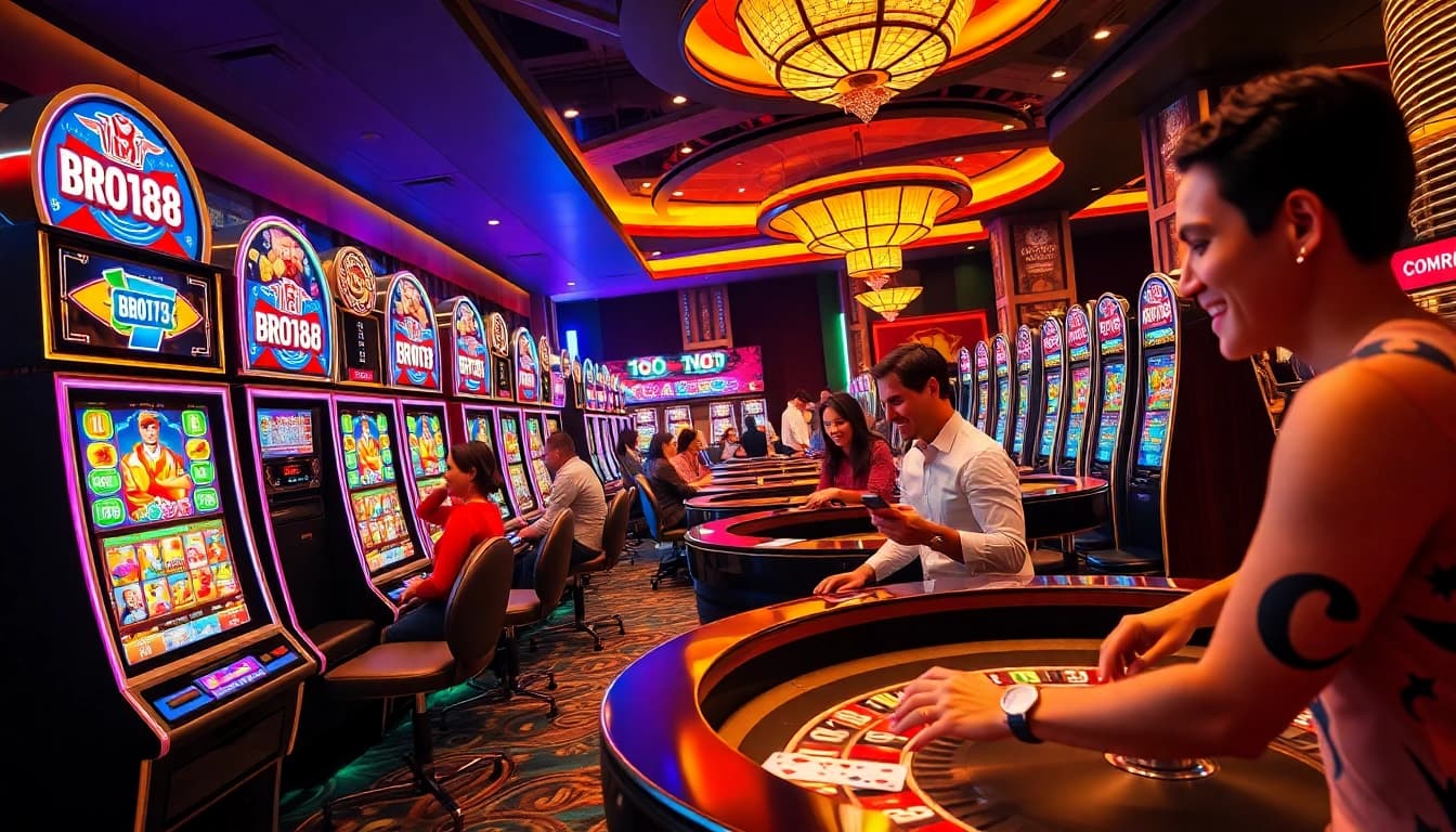Excited players enjoying their time at BRO138 slot machines in a luxurious casino setting.