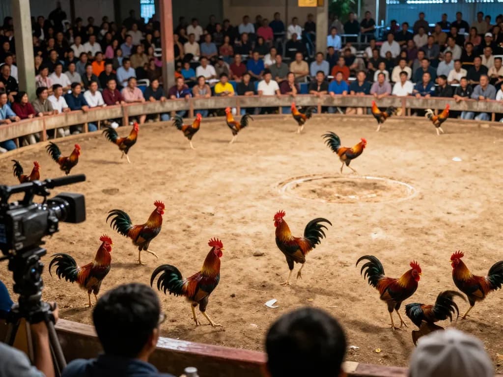 Các đấu sĩ gà đang thi đấu, người xem thưởng thức xem đá gà trực tiếp HD trong không khí sôi động của đấu trường