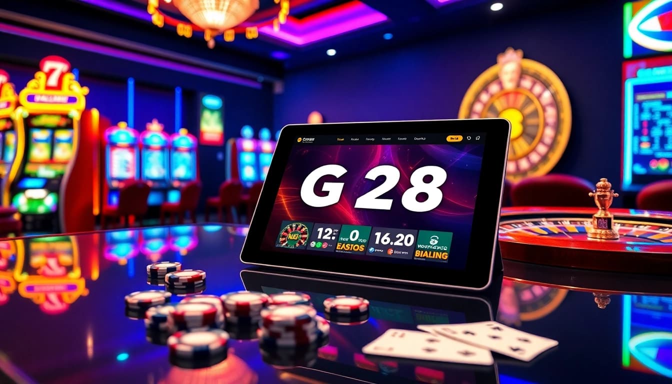 Action-packed scene of G28 online gambling with casino table and gaming elements.