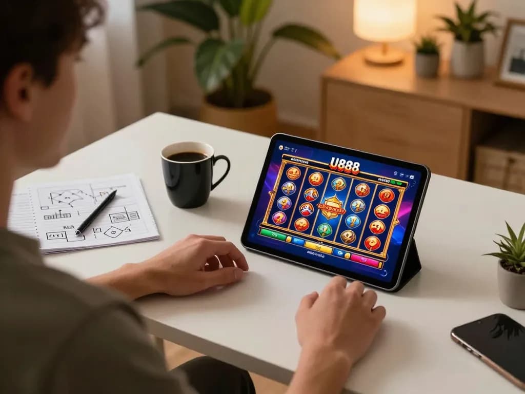 Player interacting with U888 casino app on a tablet, highlighting engaging online gaming experience