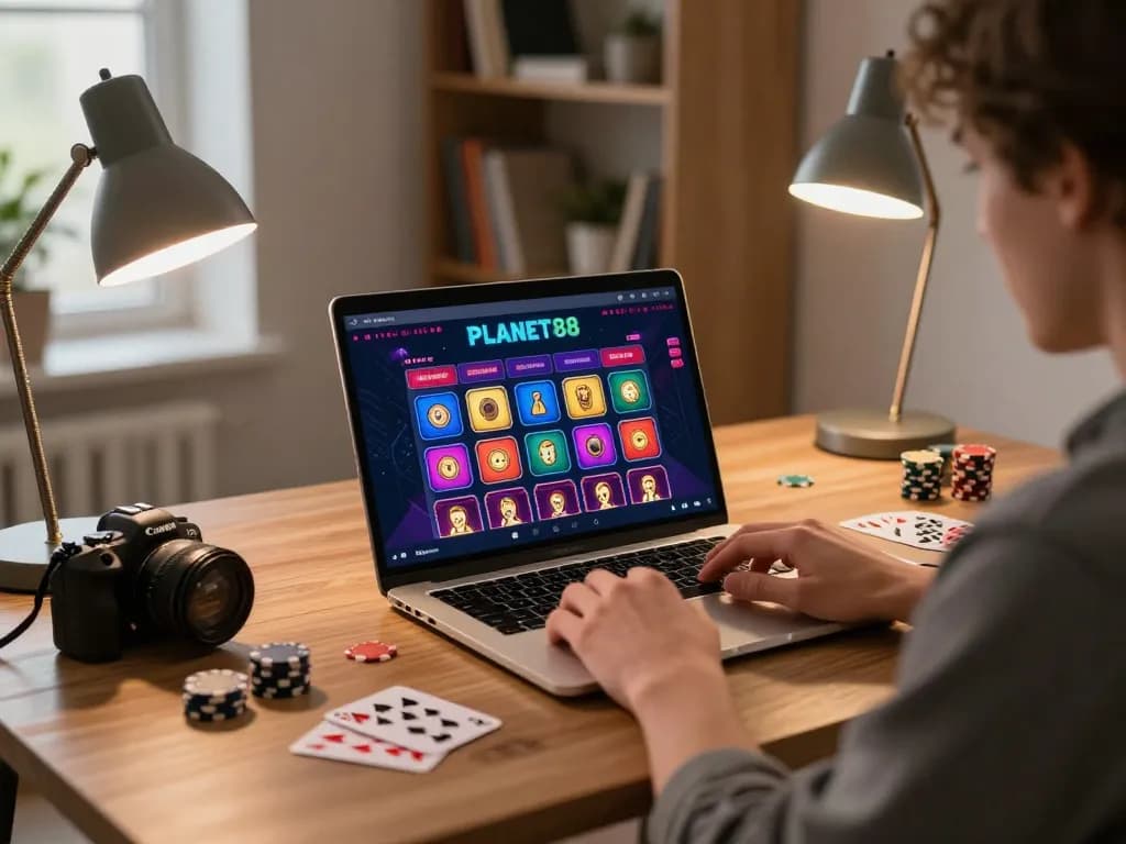 Engaging gaming experience at PLANET88 online casino with vibrant interface and gaming accessories.
