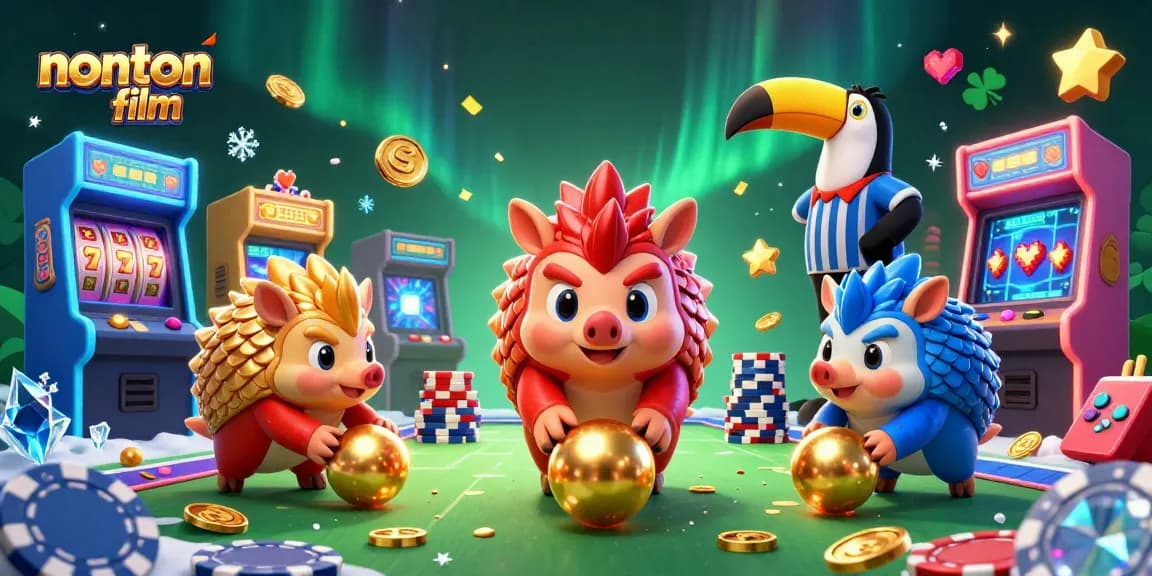 Engage in nonton film with dynamic characters in a colorful casino-themed illustration featuring rival pangolins.