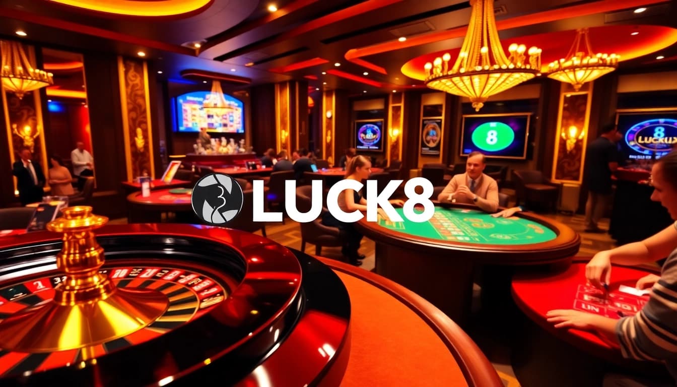 Players enjoy a thrilling moment at LUCK8 casino tables, celebrating wins with vibrant chips.
