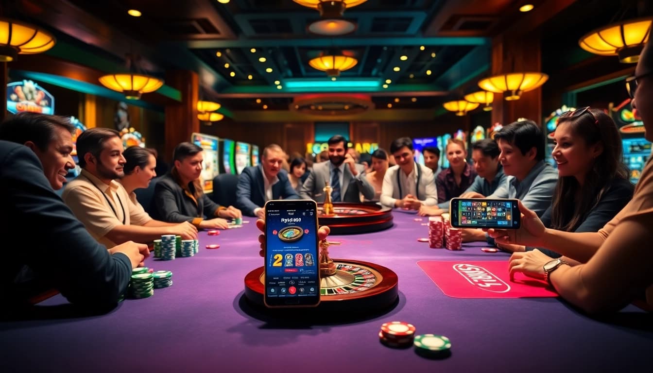 Excited players engaging at the RR88 casino gaming table, showcasing vibrant chips and a roulette wheel.