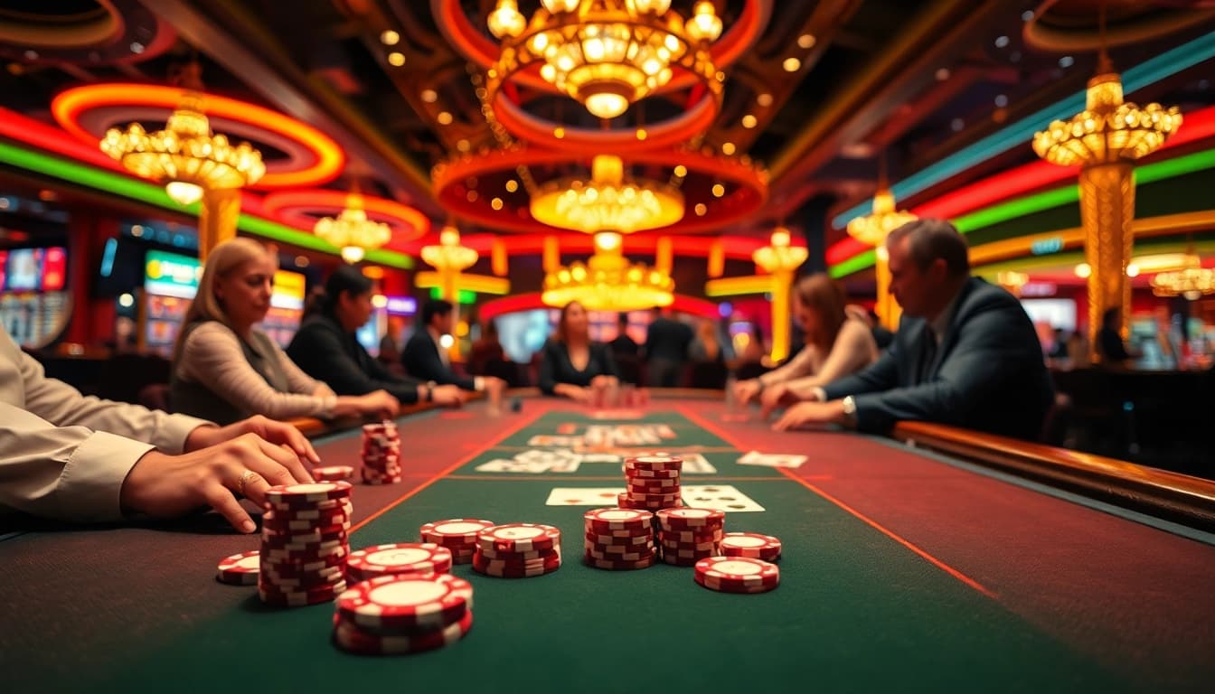 Engaging poker players at the vibrant citinow sg casino table amidst lively lights and luxury.