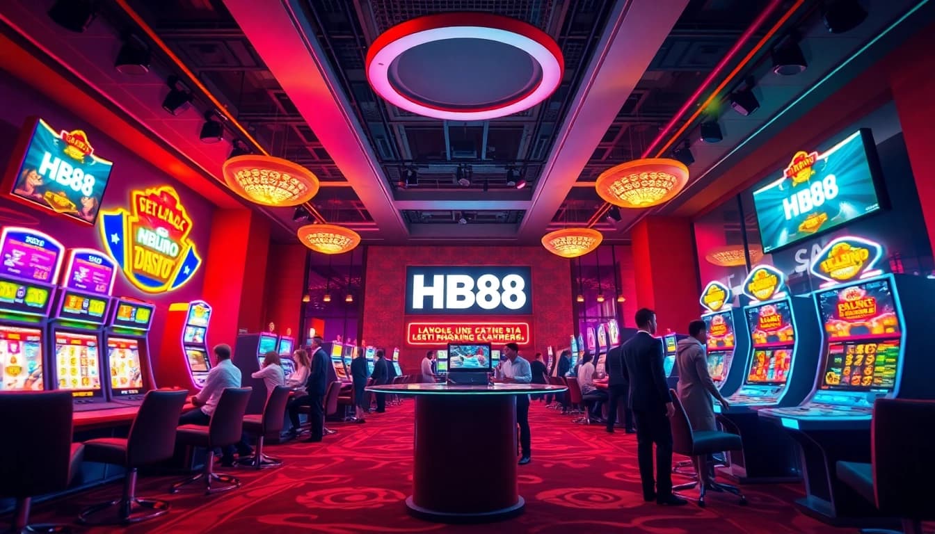 A lively and modern casino scene at https://hb88.art/, showcasing players engaged in various games with vibrant colors and a welcoming atmosphere.