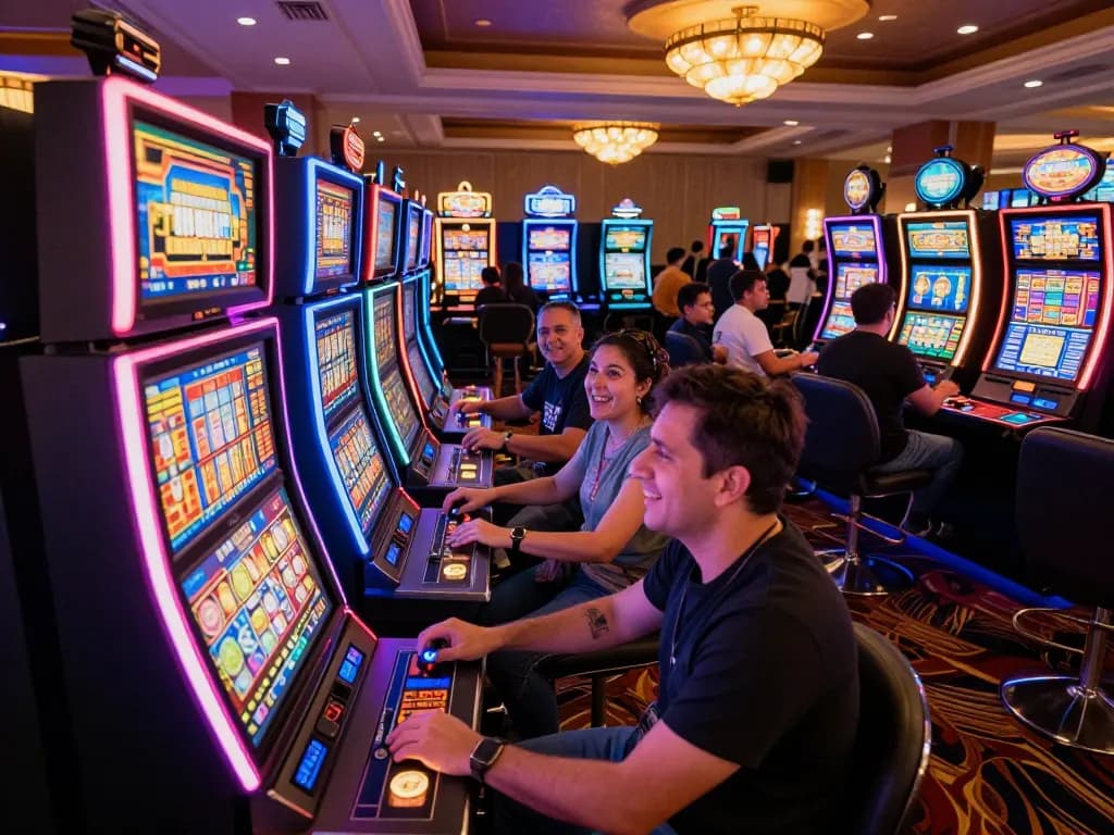 Players enjoying du88 slot machine games on a vibrant casino floor filled with excitement.