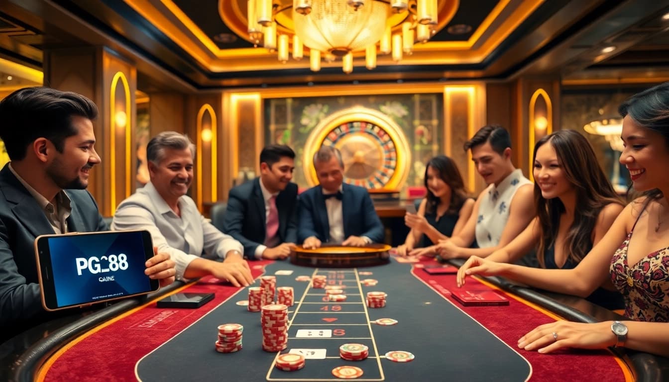Experience the thrill of PG88 casino games with vibrant cards, chips, and roulette.