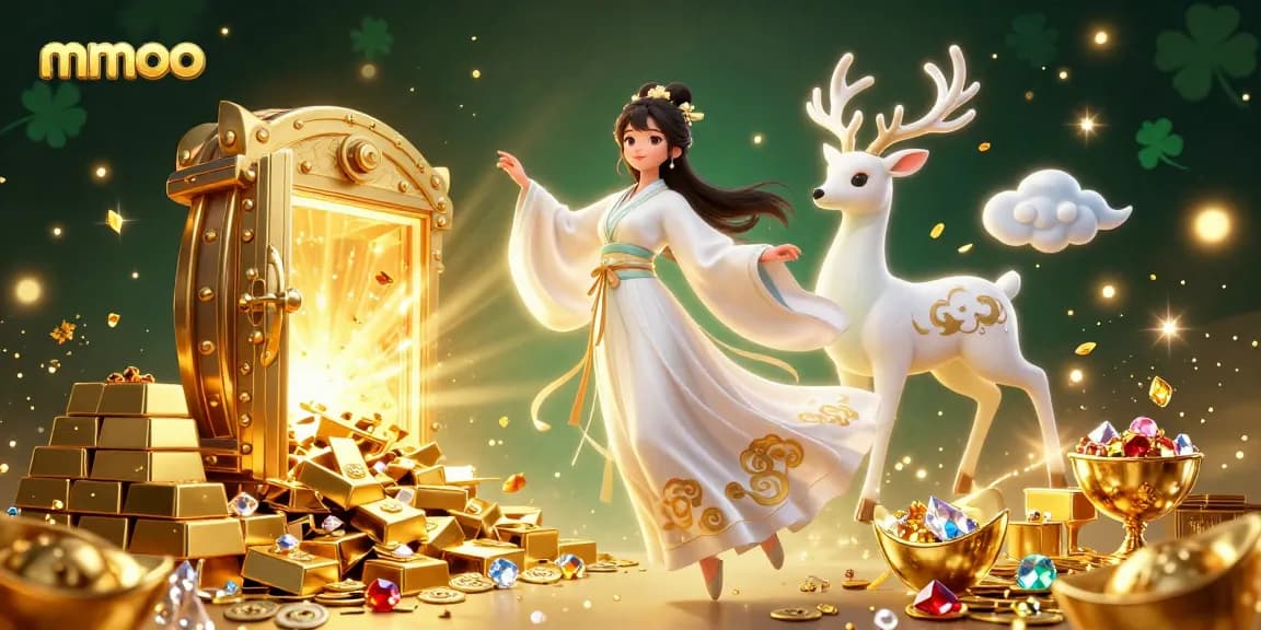 Experience the thrill of mmoo with an enchanting 3D casino scene filled with treasures.