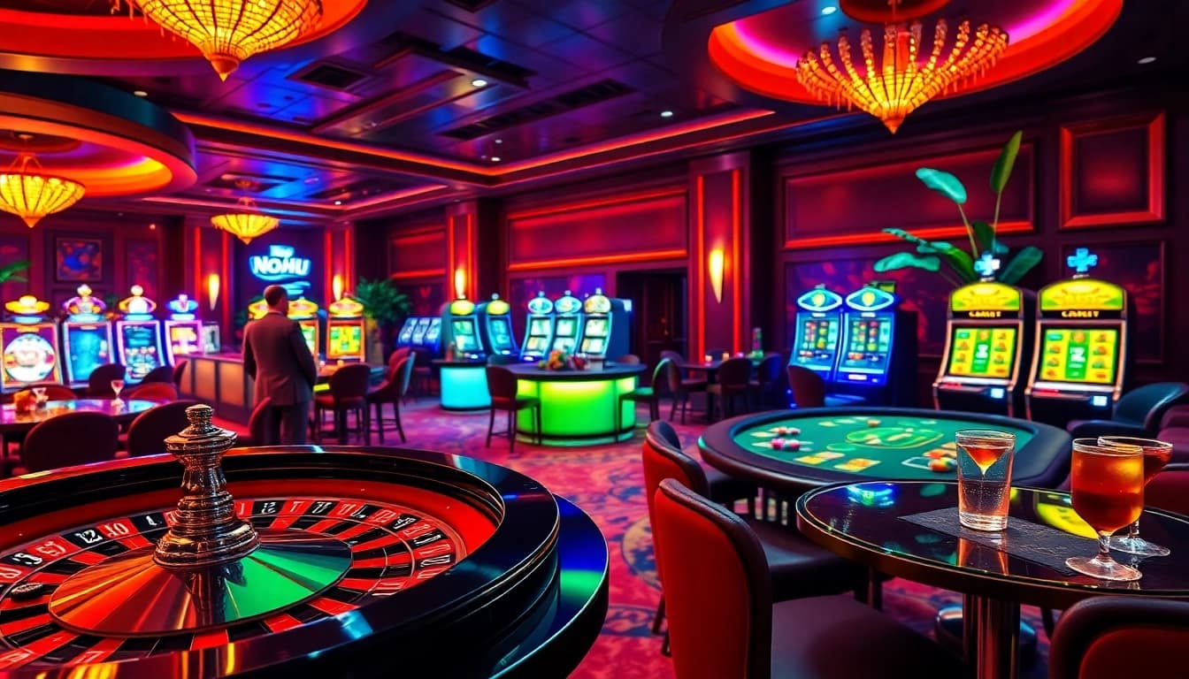 Nohu-themed vibrant casino scene depicting roulette and poker tables with luxurious decor.