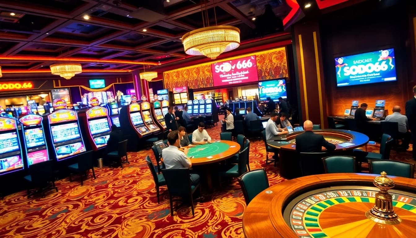 Players enjoying a thrilling game at SODO66 casino, with vibrant slot machines and a roulette wheel.