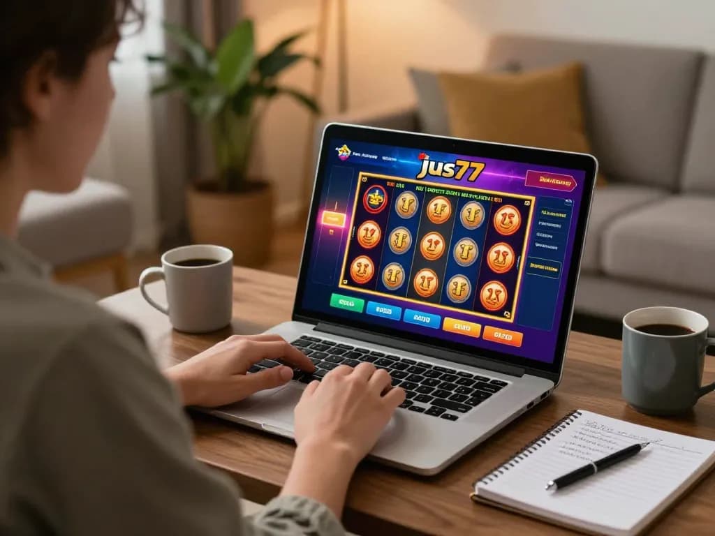 Pemain menikmati permainan slot online jus77 di ruang tamu yang nyaman.