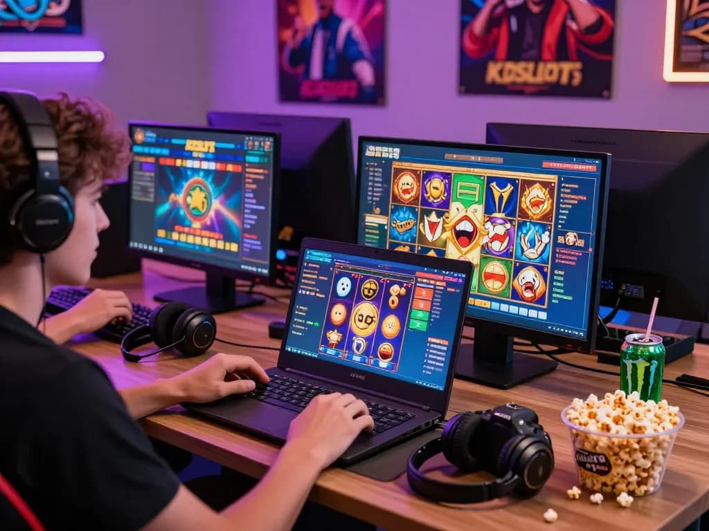 KDSlot gaming experience showing a player engaged with vibrant slot games online, capturing excitement and energy.