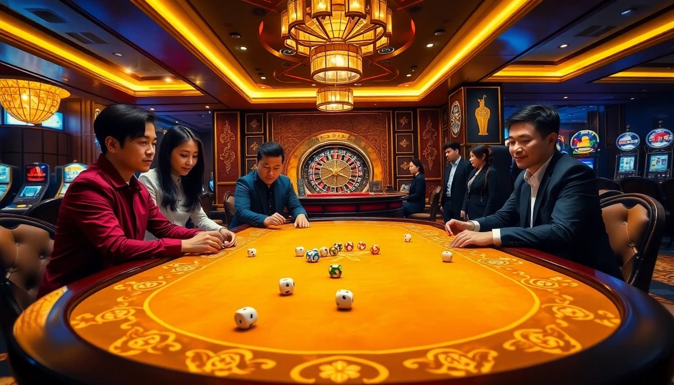 Players enjoying a thrilling game of Tài Xỉu at https://taixiumd5.fan/ with vibrant poker chips and dice.