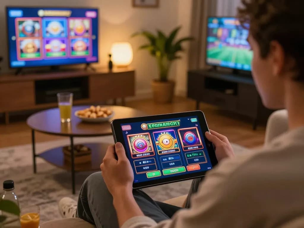 Engaging player enjoys vibrant slot game on tablet in cozy home setting.