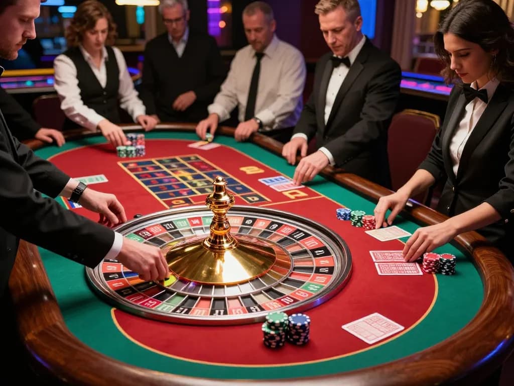 Players placing bets at an upscale roulette table in a vibrant casino, focusing on sc881 gaming excitement