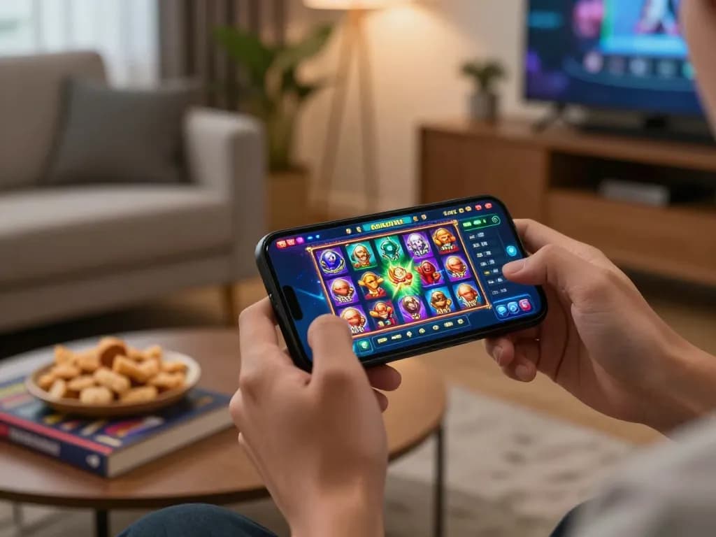 Engaging smartphone gameplay of slot online gacor in a cozy home setting.