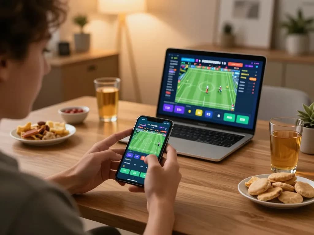 Betting excitement on DR88 mobile app during a live sports event with snacks nearby.