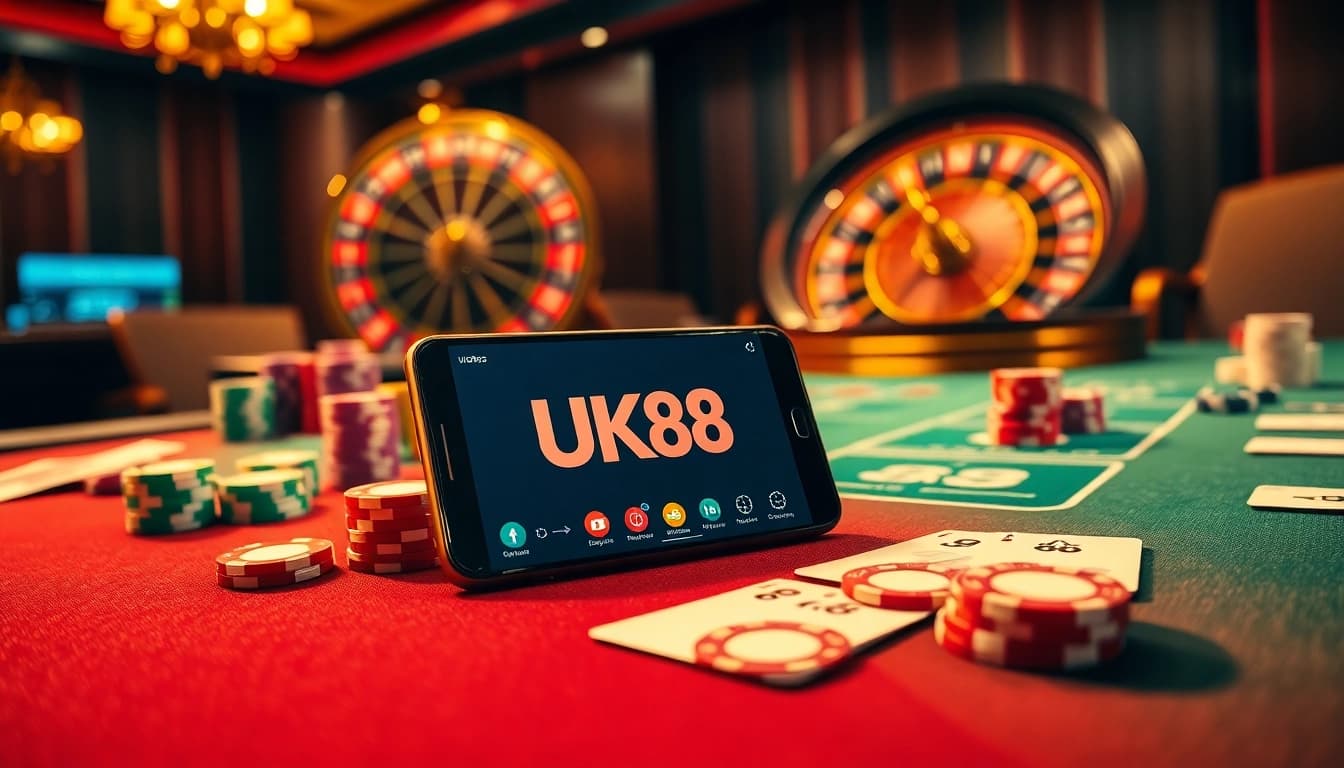 Experience the thrill of exchanging bets at UK88 video casino tables with vibrant poker chips and cards.