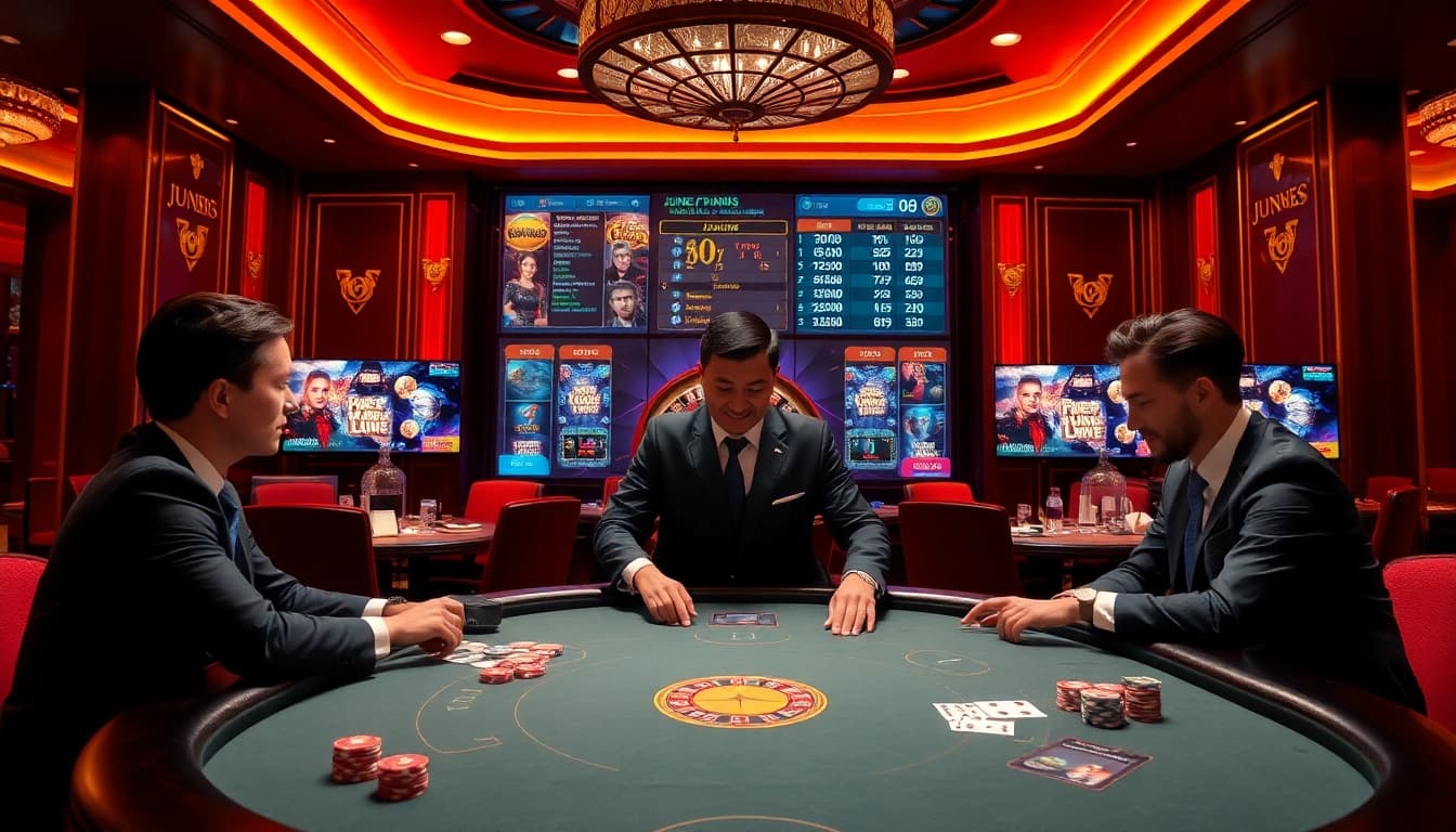 Players enjoy a thrilling game at JUN88's luxurious online casino, featuring poker tables and vibrant slot screens.