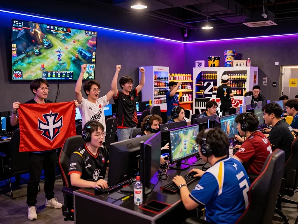 Dota 2 betting action at an esports arena with fans cheering and dynamic screens.