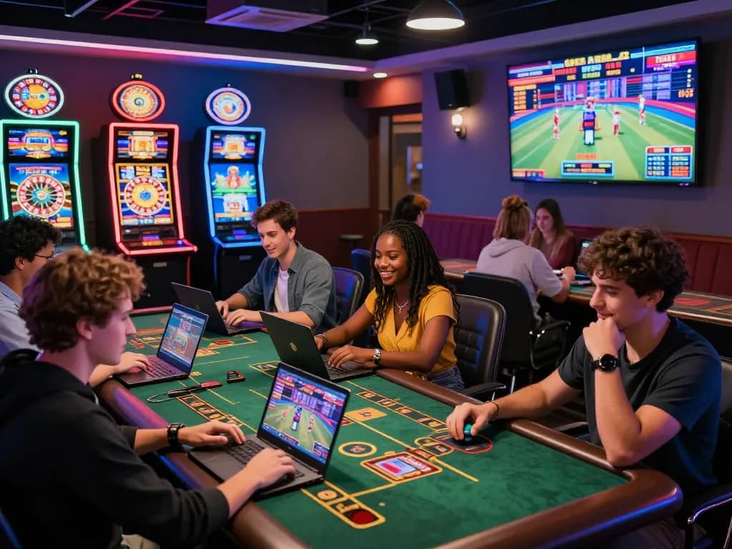 Alev casino 112.com live casino players enjoying immersive gaming experience in a vibrant lounge with modern decor.