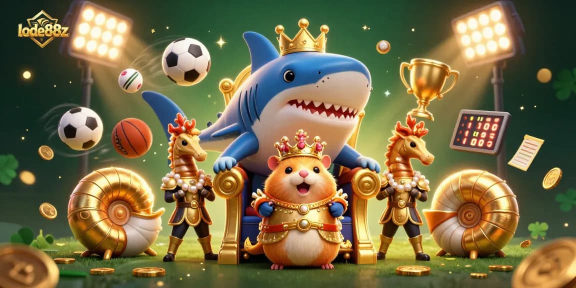 Experience the thrill of lode88z with this vibrant 3D illustration showcasing a golden hamster king and dynamic sports elements.