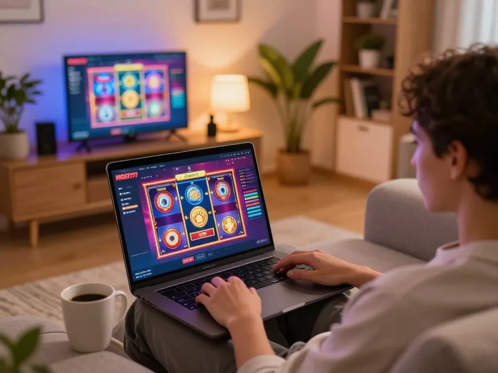 Engaging gaming session on MSG777 platform with a player enjoying online slots in a cozy setup