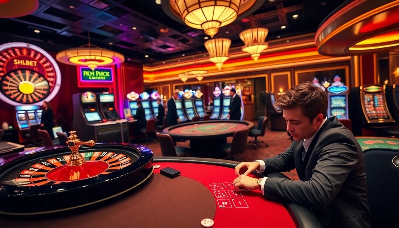 Experience the thrill of SHBET with lively casino tables, players, and professional dealers in a vibrant gaming atmosphere.