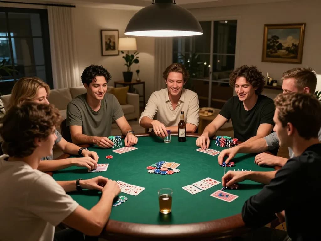 Friends enjoying a lively poker game together at home, showcasing Luck8's engaging gambling experience
