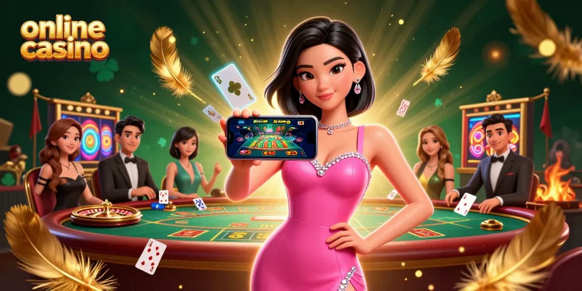 Experience an engaging online casino scene featuring a confident woman showcasing live gaming on her smartphone.