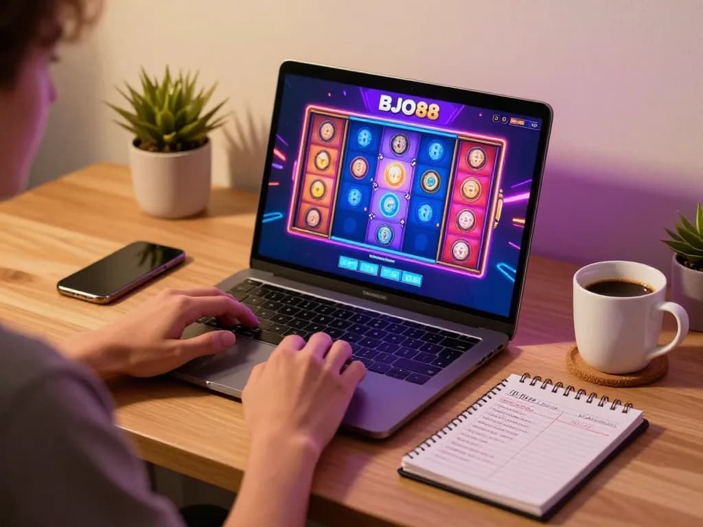 Orang yang terlibat dalam slot online BJO88, menunjukkan pengaturan permainan yang hidup dengan catatan strategi.