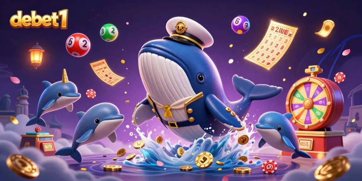 Experience the thrill of debet1 with a vibrant scene of gambling excitement featuring a whale and friends.