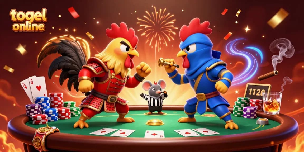 Engage in togel online action with vibrant fighting roosters at a poker table full of excitement.