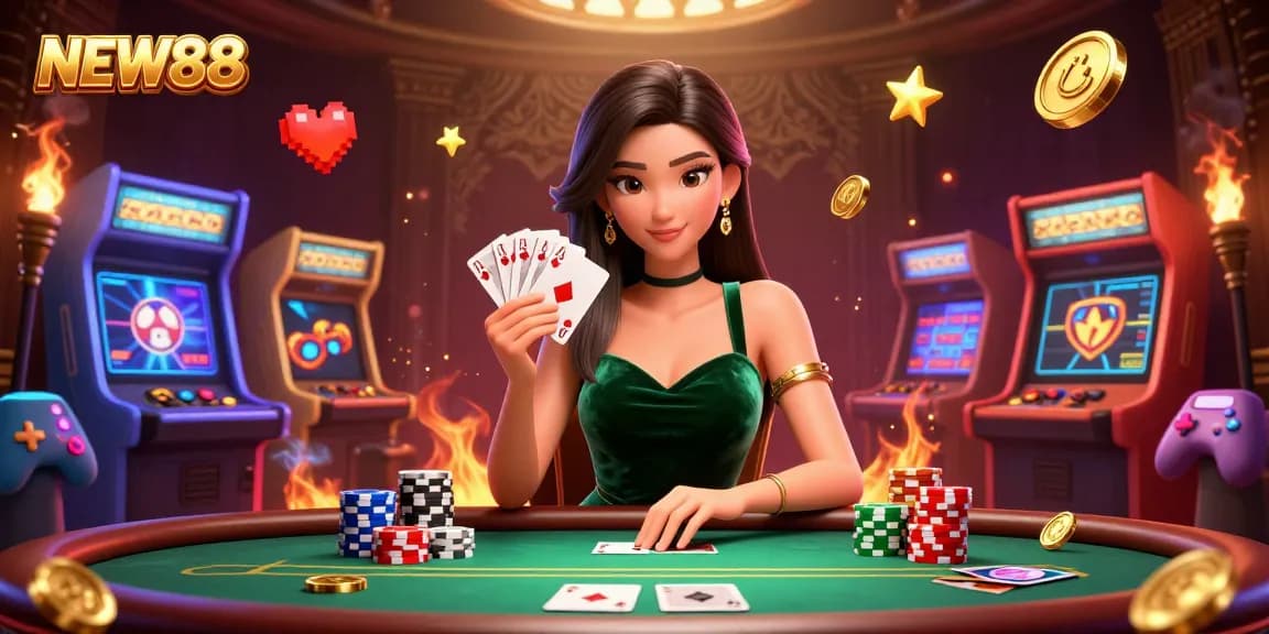 Experience thrilling poker action with NEW88 at a luxury casino table featuring vibrant gaming elements.
