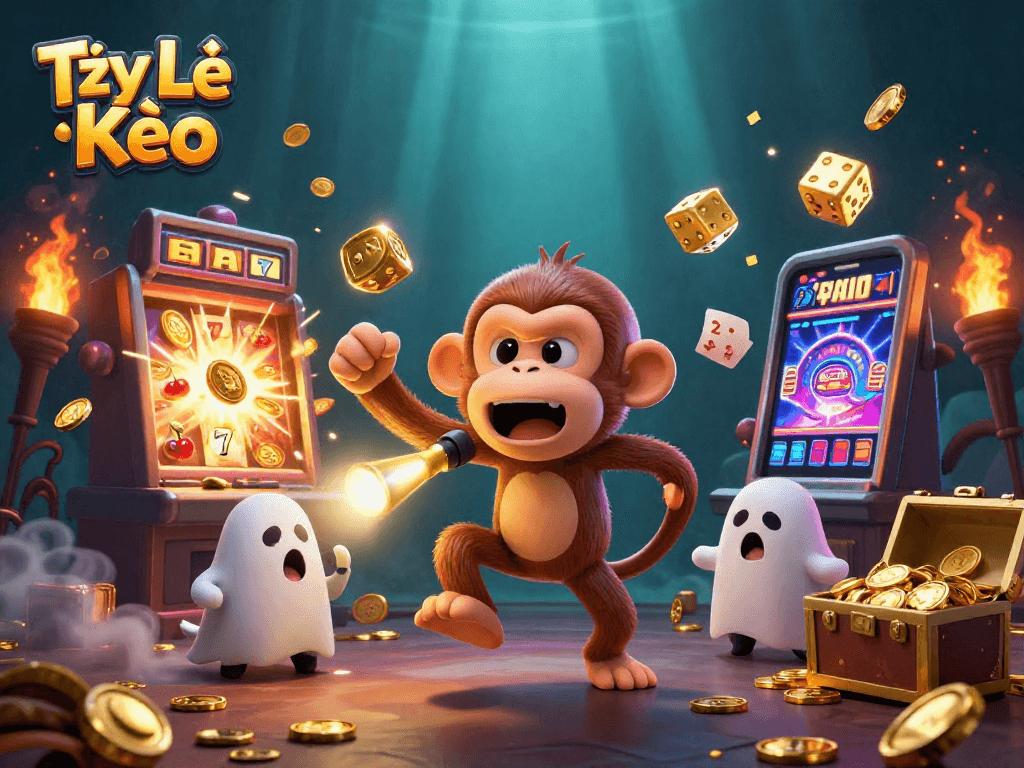Tỷ Lệ Kèo showcases thrilling casino action with a playful poltergeist monkey and a curious puppy