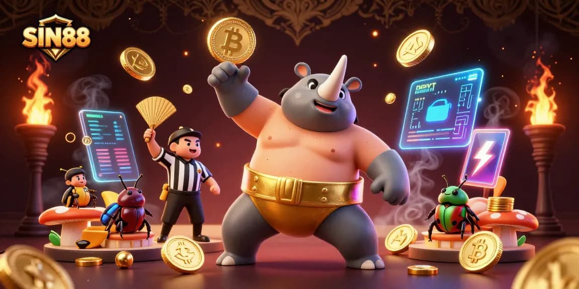 SIN88 showcases a dynamic scene with a rhinoceros beetle sumo champion amidst flying coins, illustrating cryptocurrency excitement.