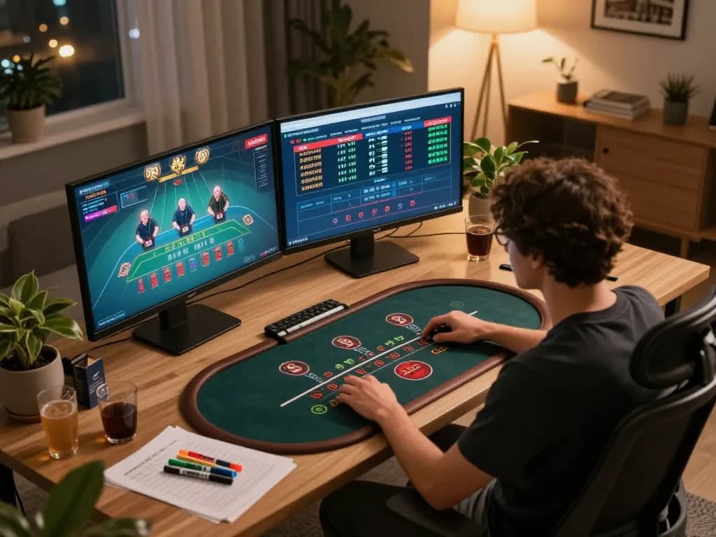 Skema menarik seorang pemain yang merencanakan strategi selama permainan blackjack online di pengaturan KING55