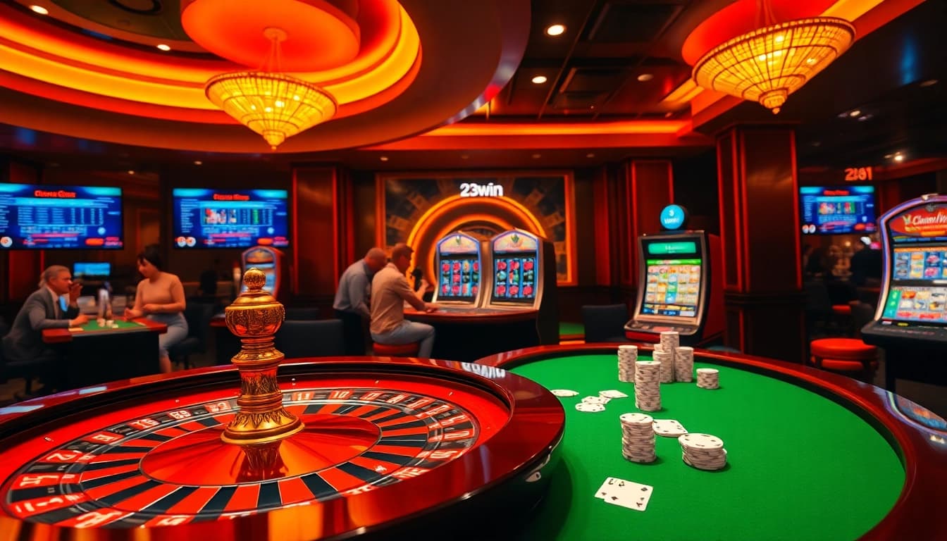 Experience the thrill of the 23win app with dynamic casino visuals, featuring a roulette table and luxury elements.